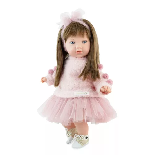 Marina & Pau Baba - Alina baba pink pomponos szoknyában és pulóverben, 45 cm