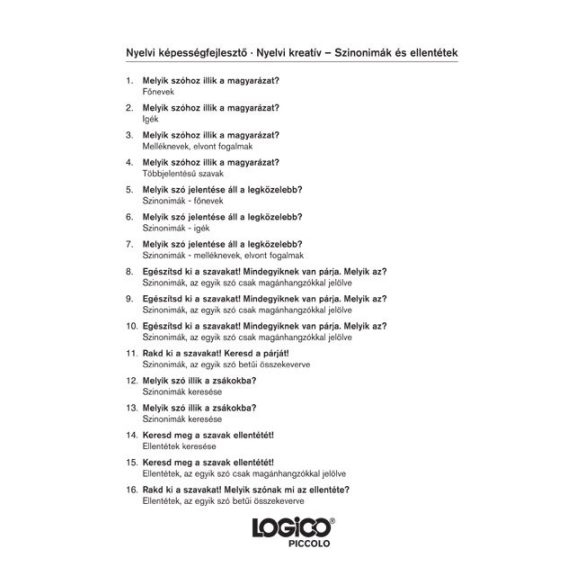 LOGICO Piccolo feladatkártyák - Nyelvi képességfejlesztő: Nyelvi kreatív - Szinonimák és ellentétek